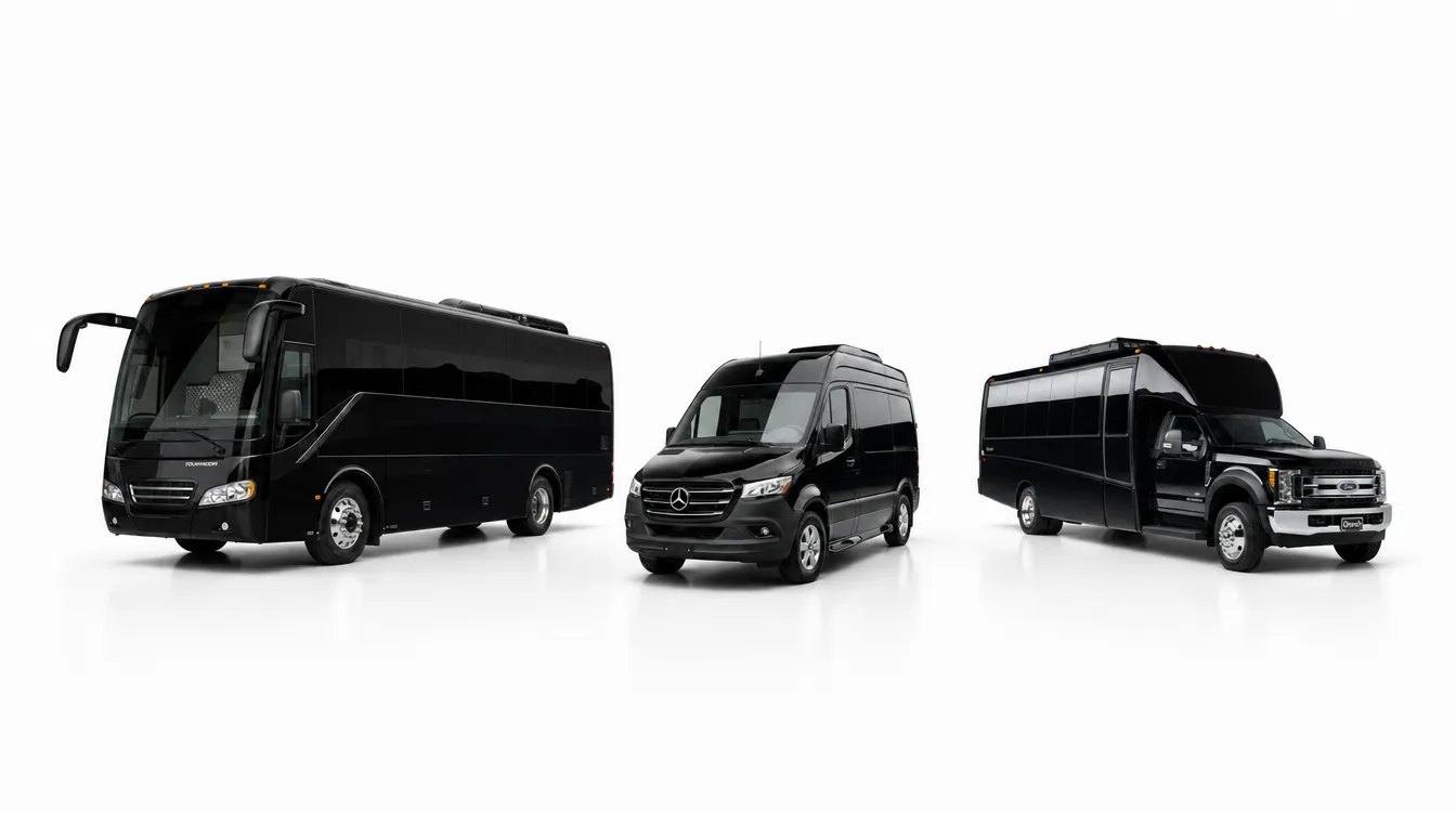 Group transportation lineup: motor coach, Mercedes-Benz Sprinter van, and shuttle bus