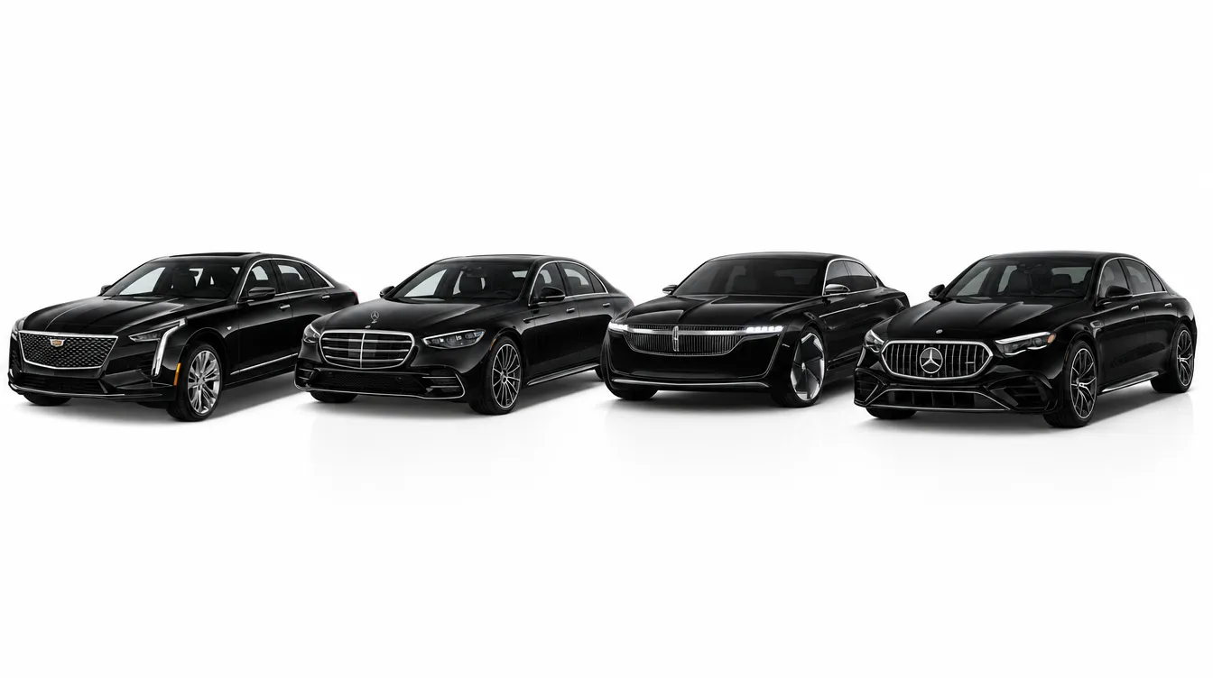 Four black executive sedans: Cadillac CT6, Mercedes S-Class, Lincoln Continental, Mercedes E-Class