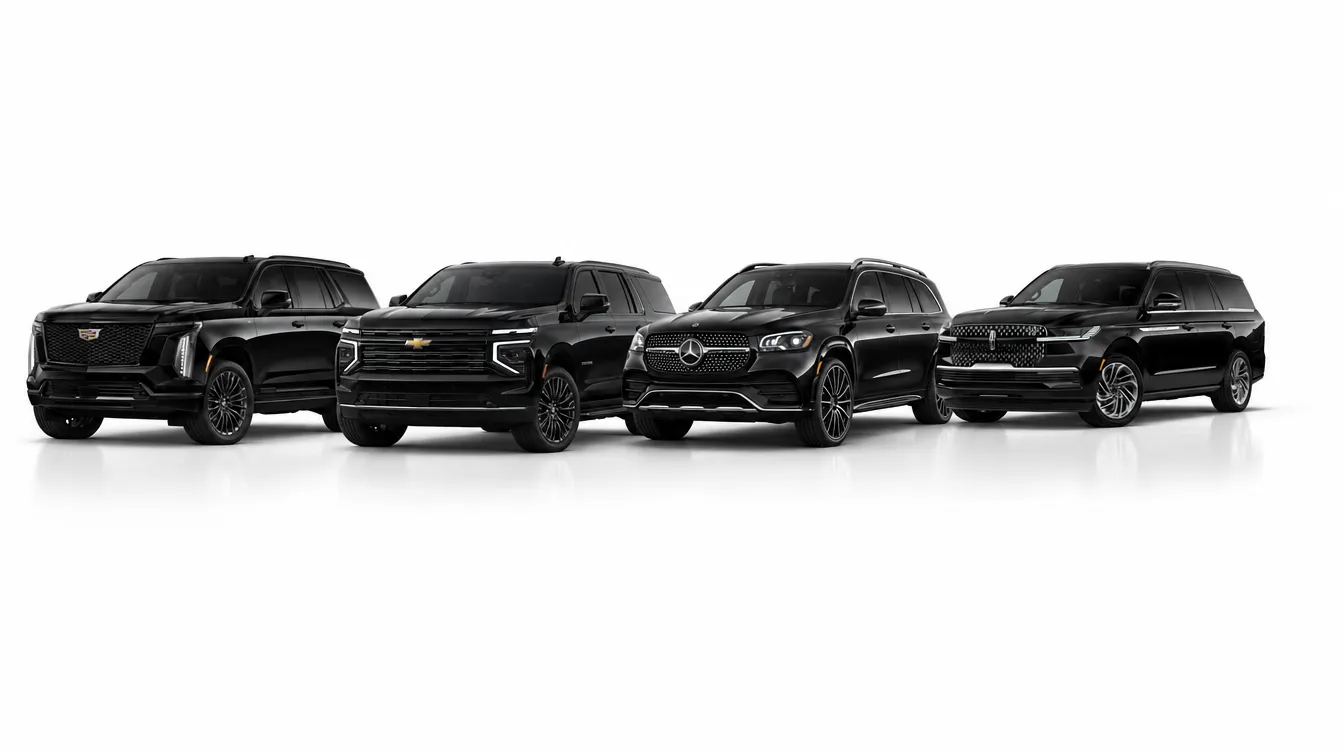 Four black luxury SUVs: Cadillac Escalade, Chevrolet Suburban, Mercedes GLS, Lincoln Navigator